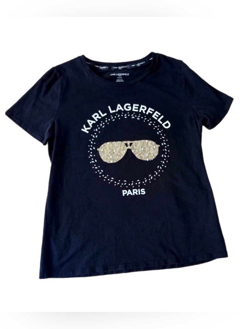 Karl Lagerfeld Paris Womens Black Rhinestone Aviator Sunglasses Graphic Tee‎ M